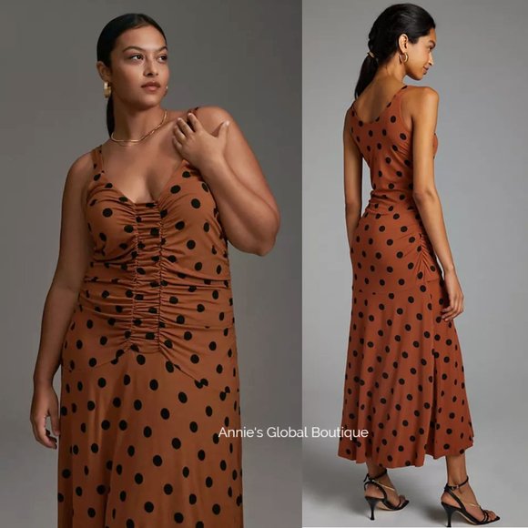 RARE NWT ANTHROPOLOGIE Maeve Ruched Polka Dot Midi Dress. Size L - Picture 3 of 16